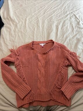 No Boundaries Dusty Rose Fringe Cable-Knit Sweater
